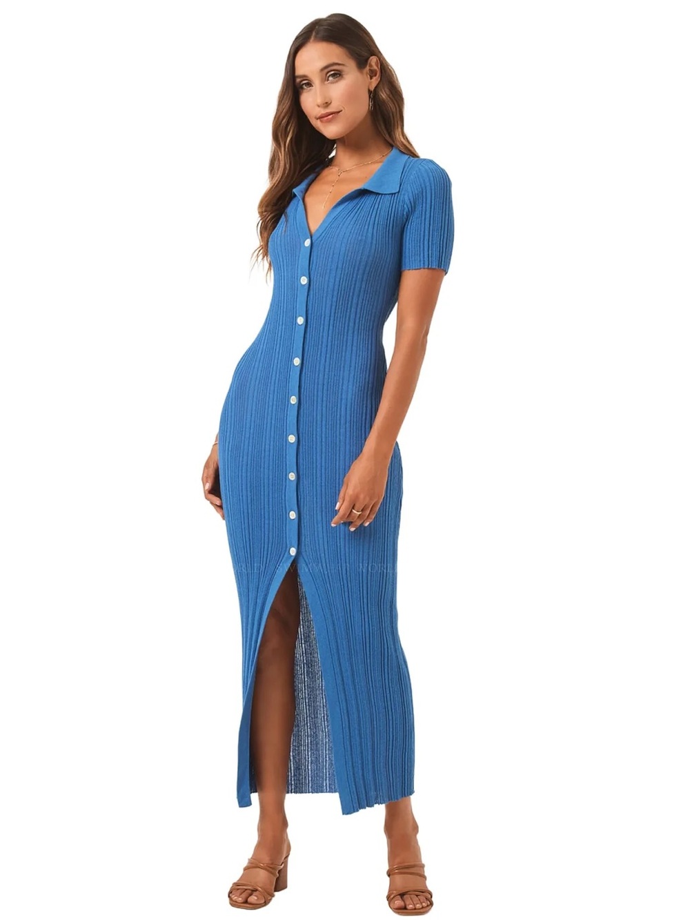 L Space - Button Front Collared Rib Knit Maxi Dress - Blue
